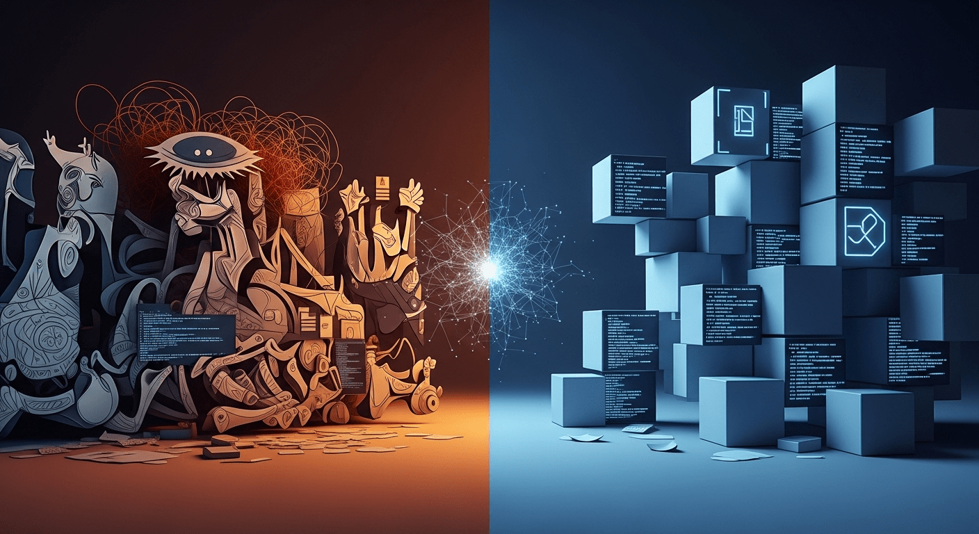 A cinematic split-screen composition showing transformation: on the left, a chaotic abstract Picasso-style painting made of tangled code snippets, terminal windows, and script files in warm oranges and reds; on the right, the same elements organized into clean, geometric modular blocks with cool blues and professional lighting. In the center, a subtle AI assistant presence (represented by a glowing neural network pattern) bridges the two sides. Professional photography quality with dramatic lighting contrast, contemplative mood, showing the journey from creative chaos to structured elegance.