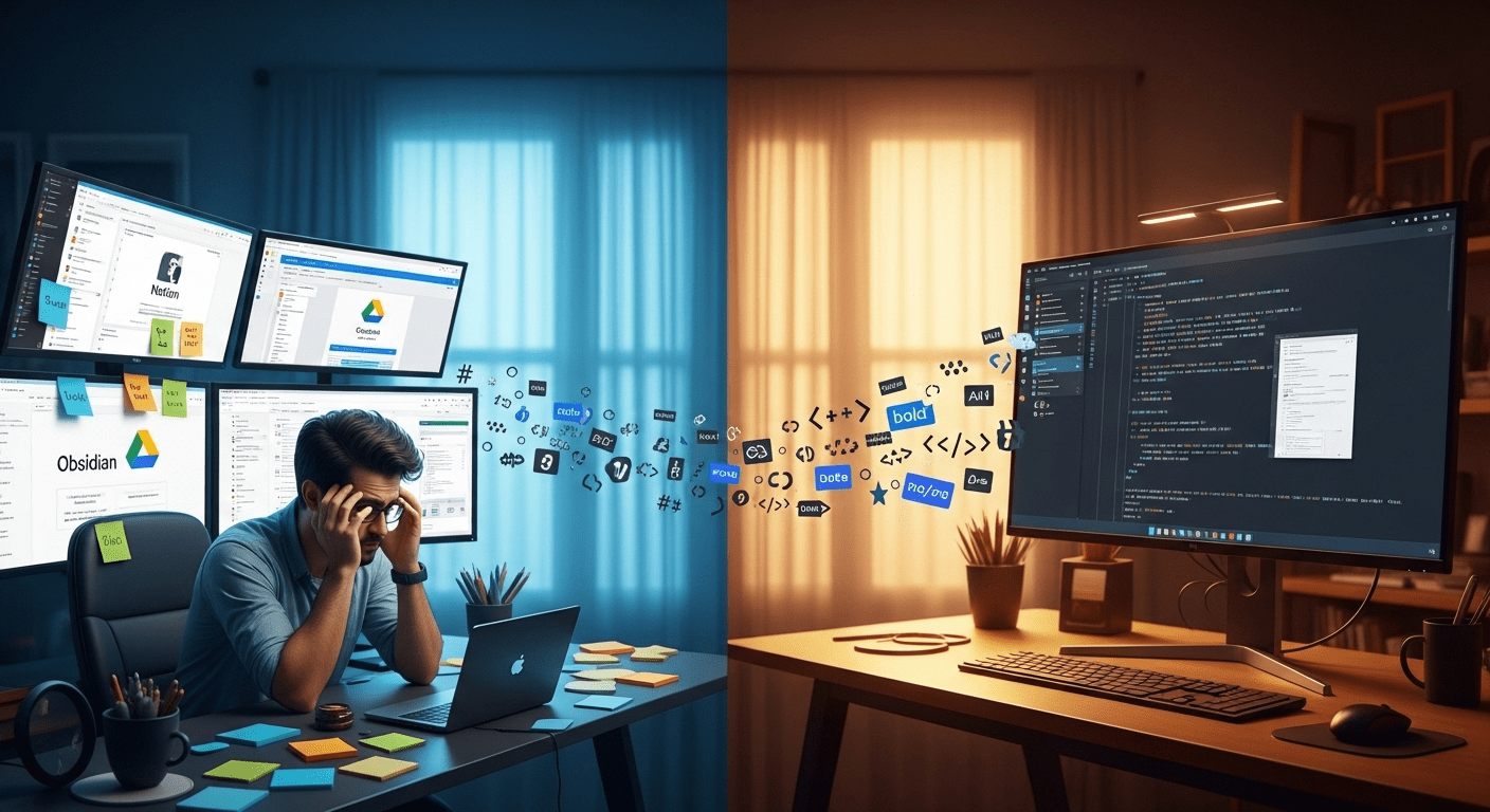 A cinematic split-screen composition showing the evolution of human-AI collaboration: on the left, a frustrated developer surrounded by scattered sticky notes, multiple monitors with different apps (Notion, Obsidian, Google Drive), representing the chaos of tool-switching; on the right, a serene workspace with a single clean monitor displaying a markdown file with AI suggestions flowing seamlessly into the text, warm lighting suggesting harmony and productivity. The transition between the two sides should flow like a bridge made of markdown syntax elements (# headers, **bold text**, `code blocks`) floating in space, symbolizing markdown as the universal communication protocol between human and AI.