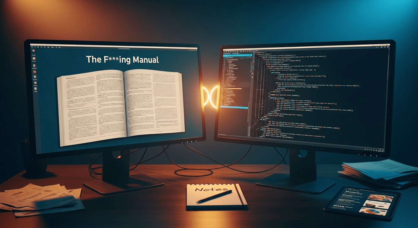 A developer's workspace from a cinematic side angle showing two monitors side by side, the left monitor displaying an open manual with "The F***ing Manual" visible at the top, the right monitor showing clean source code being actively written, with a glowing golden light connecting the two screens. A notepad with "Notes" written on it lies between the monitors, bathed in warm light. Faded, scattered papers and a dimmed tablet showing blog posts lie pushed to the far edges in shadow. Dramatic lighting with warm spotlight on the two monitors and notepad, cool blue ambient light in the background. Photo realistic, professional photography quality, 8k detail, shallow depth of field focusing on the connected monitors, cinematic color grading with teal and orange tones.