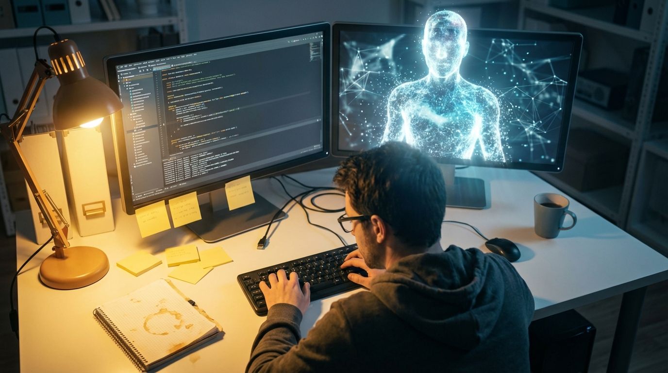 A software developer at a dual-monitor workstation, one screen showing code while the other displays an ethereal, translucent AI assistant figure made of flowing light particles and neural network patterns, both entities focused on the same problem. Warm desk lamp casting golden light from the left contrasts with cool blue-white emanating from the AI presence, creating dramatic interplay of shadows across scattered sticky notes and a well-worn notebook. Cinematic realism with subtle sci-fi elements, 8k photorealistic quality, shallow depth of field focusing on the collaborative space between human and AI, teal and amber color grading, overhead three-quarter angle composition.