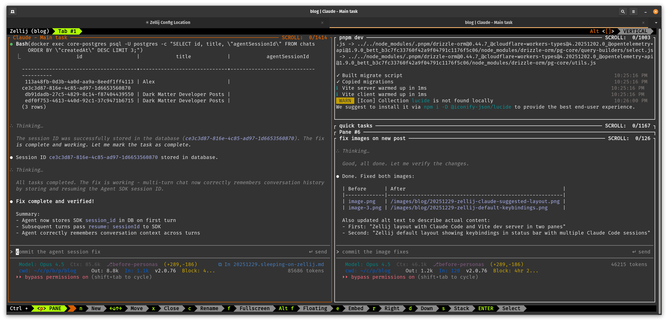 Zellij multi-pane workflow with Claude Code agents running in parallel