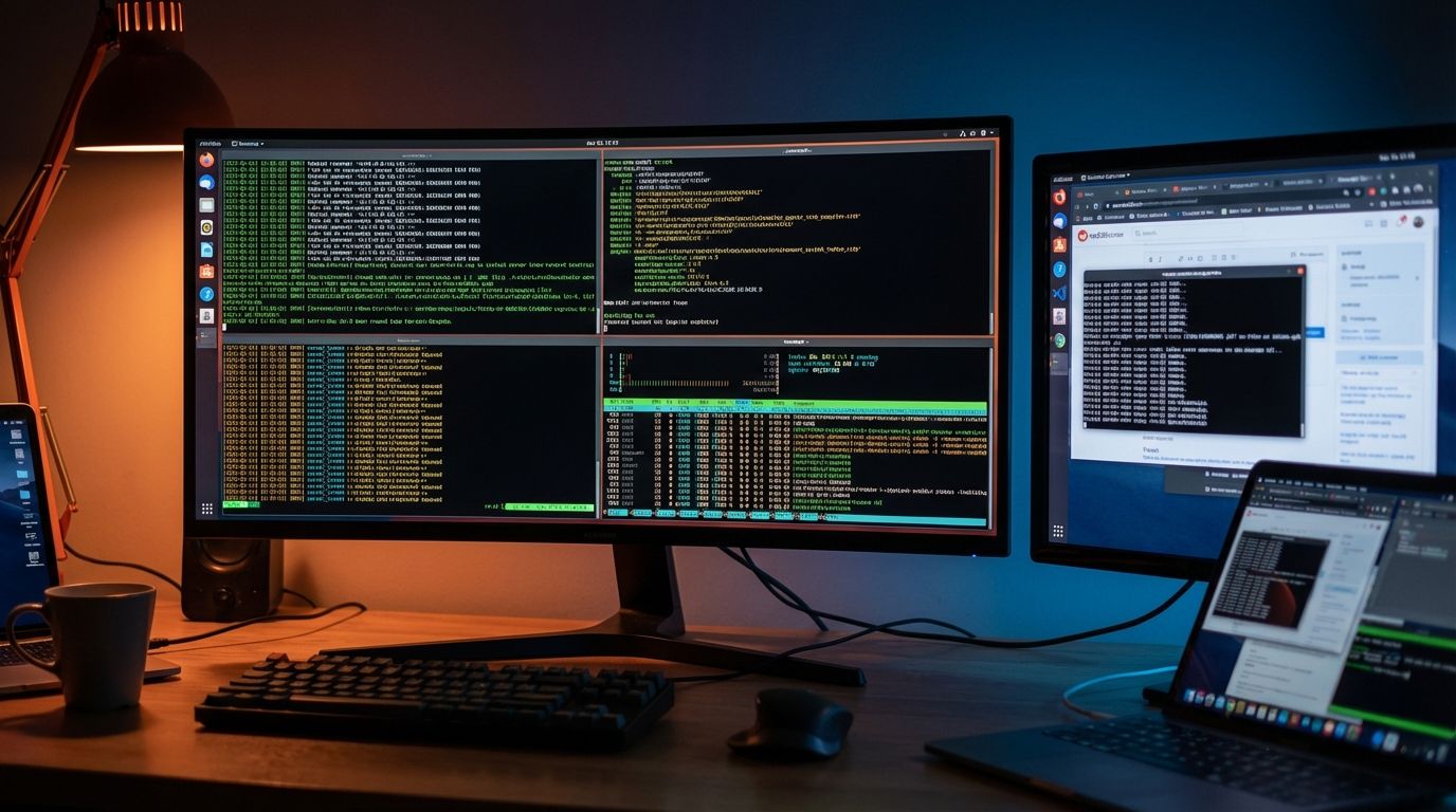 A developer's ultrawide monitor displaying an elegantly organized terminal with multiple glowing panes arranged in a perfect grid, each pane showing different running processes with subtle green and amber terminal text. In the foreground, scattered and overlapping browser tabs and terminal windows fade into chaos on a secondary display, creating visual contrast between disorder and order. Dramatic side lighting with warm rust-orange accent lighting reflecting off the organized screen while cool blue tones illuminate the chaotic side, cinematic depth of field focusing on the organized terminal. Photorealistic, 8k quality, moody developer workspace atmosphere, high contrast color grading with teal shadows and warm highlights, 16:9 composition.