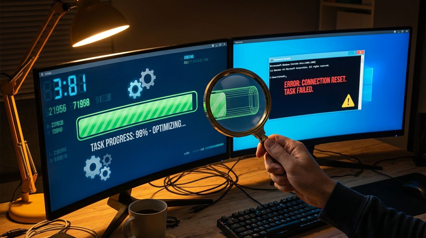 A developer's workspace showing a dramatic split-screen visualization: on the left monitor, a progress bar racing forward with flashy green metrics and spinning activity indicators; on the right monitor, the same task failing silently with truncated output and a warning symbol. A magnifying glass held between the screens reveals the progress bar is hollow - a beautiful shell with nothing inside. Dramatic chiaroscuro lighting with cool blue from the monitors contrasting against warm amber desk lamp, shallow depth of field focusing on the magnifying glass revelation. Cinematic realism, 8k photorealistic quality, noir atmosphere with teal and orange color grading, slightly elevated three-quarter angle capturing the moment of uncomfortable truth.
