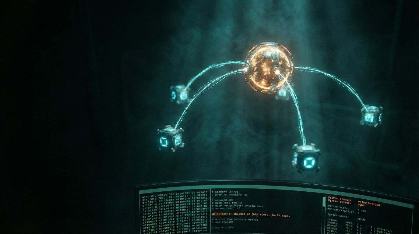 A dramatic overhead view of a central glowing orchestrator node connected by luminous data streams to three specialized worker nodes arranged in a triangle formation, floating above a dark terminal screen showing binary code and system strings. The orchestrator pulses with warm amber light while the workers glow cool cyan, their connections forming a constellation of collaboration. Cinematic lighting with deep shadows and volumetric light rays cutting through a subtle digital fog, photorealistic 8k quality with shallow depth of field focusing on the central node. Sci-fi atmosphere, high contrast teal and orange color grading, 16:9 composition with negative space on the left for text overlay.