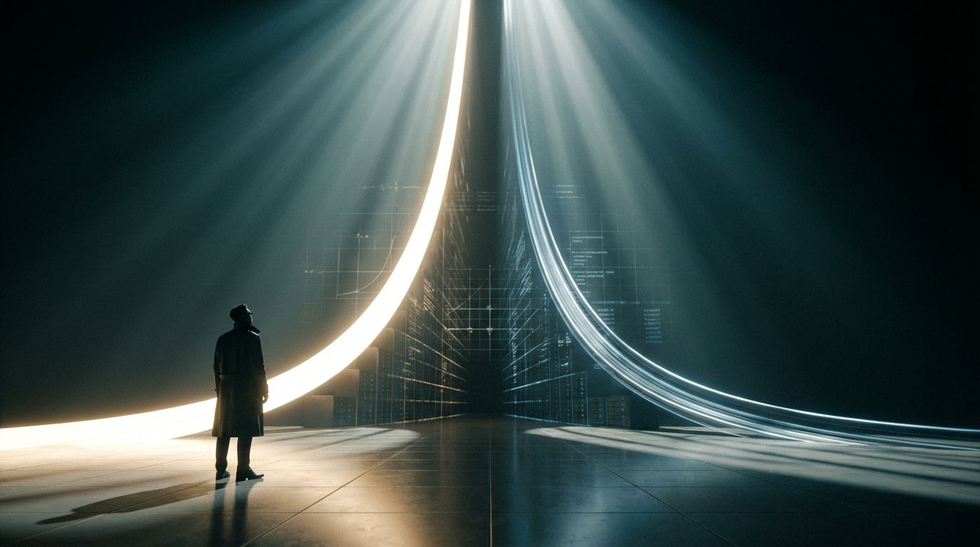 A dramatic visualization of two intertwining exponential curves rendered as luminous energy streams against a dark void. One curve blazes bright white-gold representing raw AI capability, the other a cooler blue-silver representing economic diffusion, both spiraling upward but at different rates. The curves emerge from a glowing origin point that resembles a data center constellation. Mathematical grid lines fade into the background. The composition conveys immense velocity and inevitability. Cinematic lighting with deep contrast, volumetric light rays, photorealistic 8k quality, shallow depth of field. Sci-fi atmosphere, teal and amber color grading, 16:9 composition with negative space on the left for text overlay.