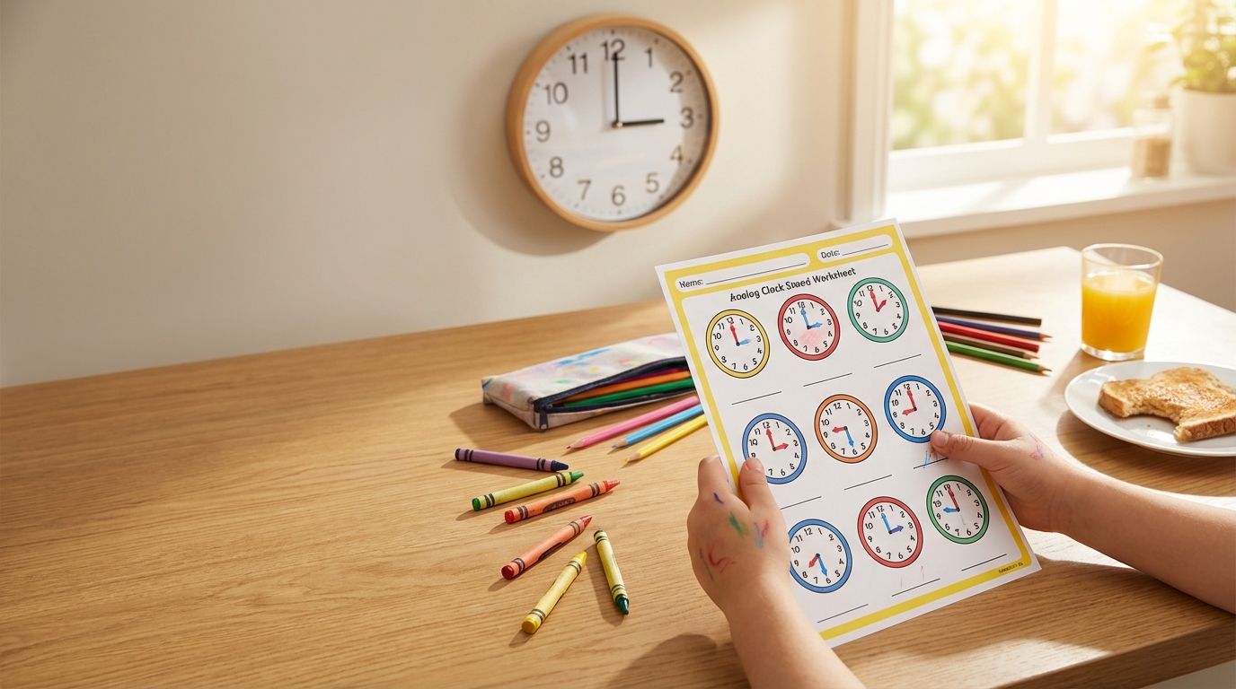 A colorful clock reference sheet showing analog clocks with hour and minute hands, plus practice clocks for kids to read