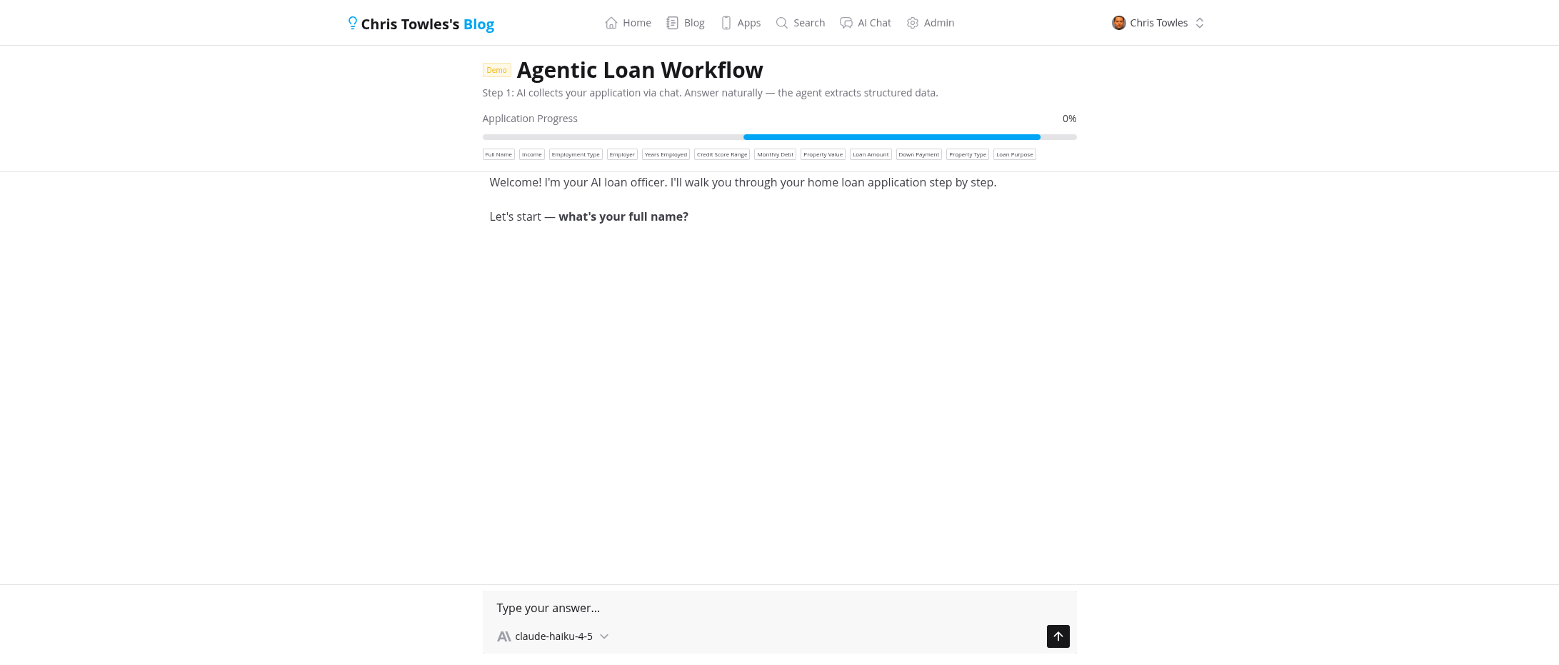 Intake chat interface with progress bar showing fields to collect