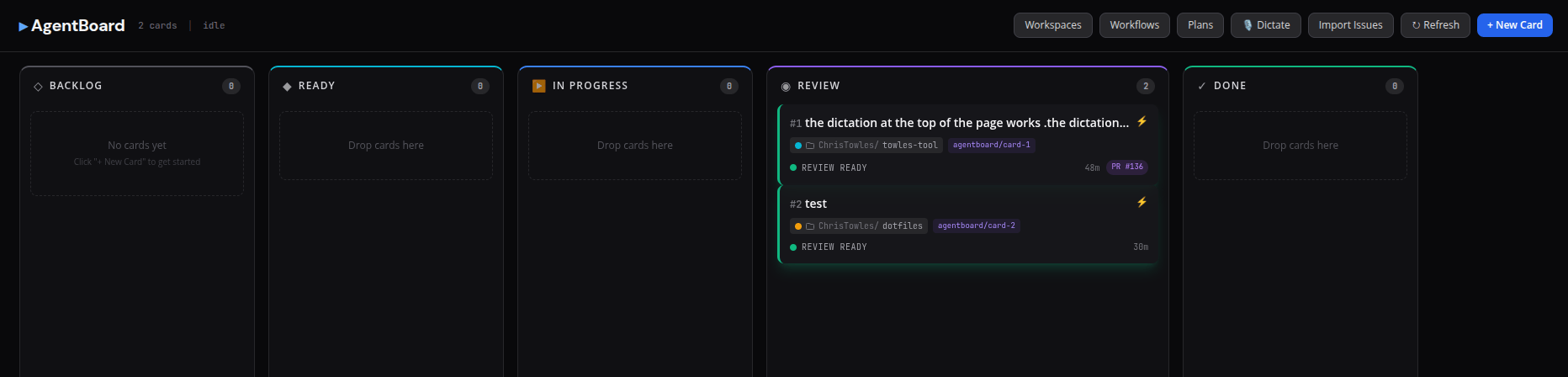 towles-tool AgentBoard kanban for managing multiple agents