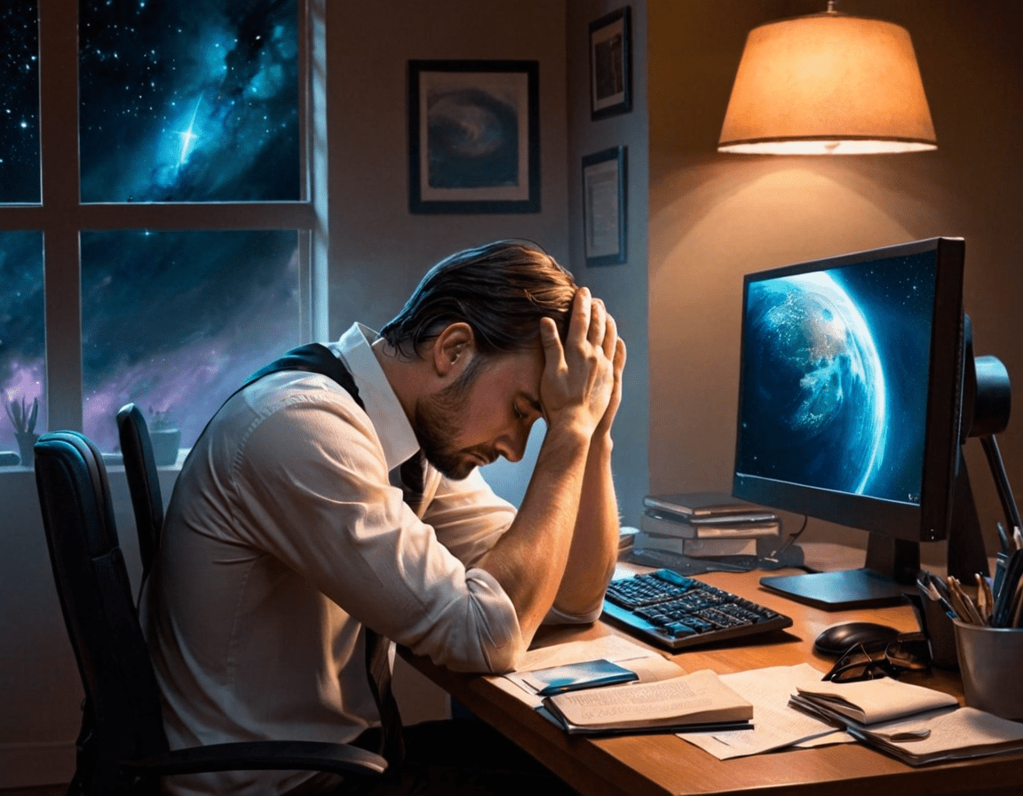 the man is seated at his desk at his computer with his back to the camera head in his hands crying