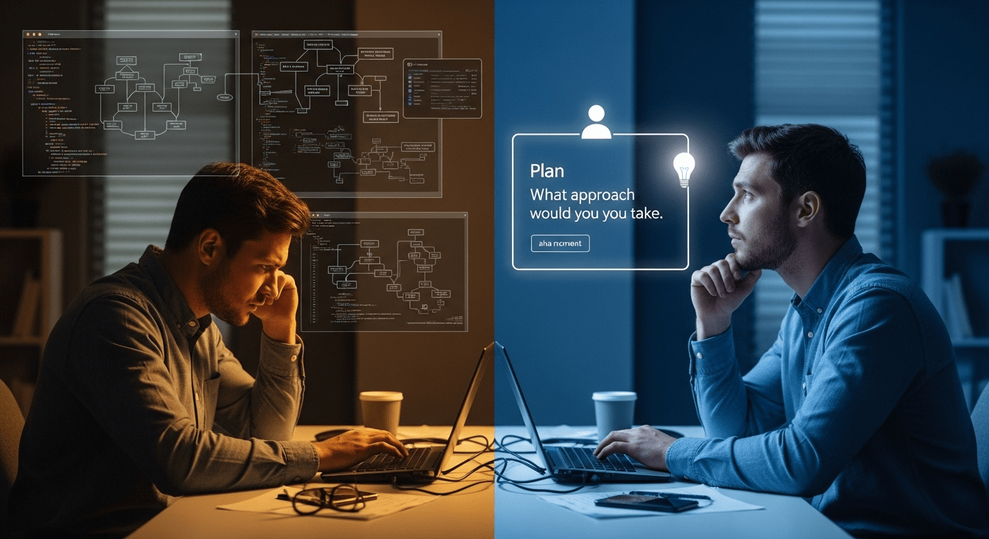 A split-screen composition showing a software developer at their desk in two moments: left side shows frustrated late-night coding with multiple messy code windows and complexity diagrams, right side shows the same developer in contemplative pose with a clean interface showing a simple plan prompt "What approach would you take?", a subtle lightbulb or aha moment glow. Dramatic contrast between chaotic warm amber lighting on the left (representing wasted effort) and clean, focused cool blue lighting on the right (representing clarity), shallow depth of field. Cinematic realism, professional photography quality, 8k detail, rule of thirds composition with the developer positioned at the center dividing line, high contrast color grading emphasizing the before/after transformation.