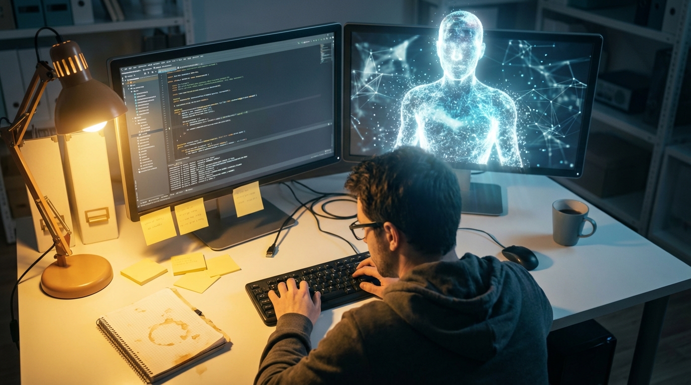 A software developer at a dual-monitor workstation, one screen showing code while the other displays an ethereal, translucent AI assistant figure made of flowing light particles and neural network patterns, both entities focused on the same problem. Warm desk lamp casting golden light from the left contrasts with cool blue-white emanating from the AI presence, creating dramatic interplay of shadows across scattered sticky notes and a well-worn notebook. Cinematic realism with subtle sci-fi elements, 8k photorealistic quality, shallow depth of field focusing on the collaborative space between human and AI, teal and amber color grading, overhead three-quarter angle composition.