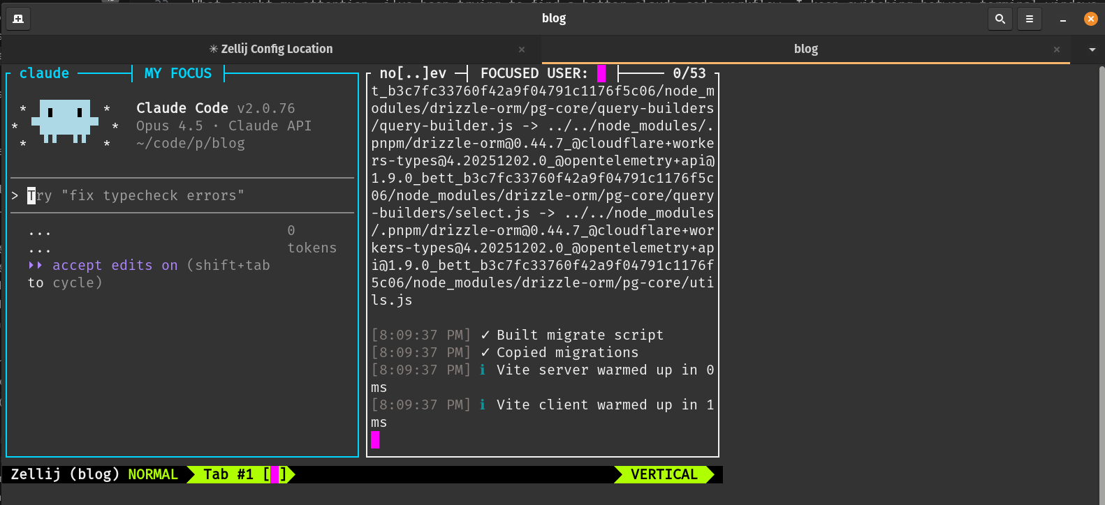 Zellij layout with Claude Code and Vite dev server in two panes