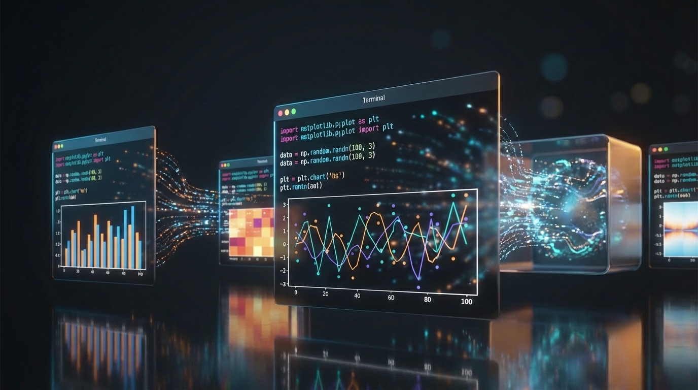 A glowing terminal window floating in mid-air inside a sleek, dark workspace, its screen displaying vibrant Python code alongside a colorful matplotlib chart rendering in real-time, with streams of luminous data particles flowing from the terminal into a translucent isolated container hovering beside it. Dramatic rim lighting in cool electric blue and warm amber picks out the edges of the floating elements against a deep charcoal background, with subtle bokeh circles suggesting depth. Cinematic photorealism, 8k quality, shallow depth of field with tack-sharp focus on the terminal screen, professional photography composition following rule of thirds. High contrast color grading with teal, orange, and violet accents, 16:9 landscape format with negative space on the left for potential text overlay.