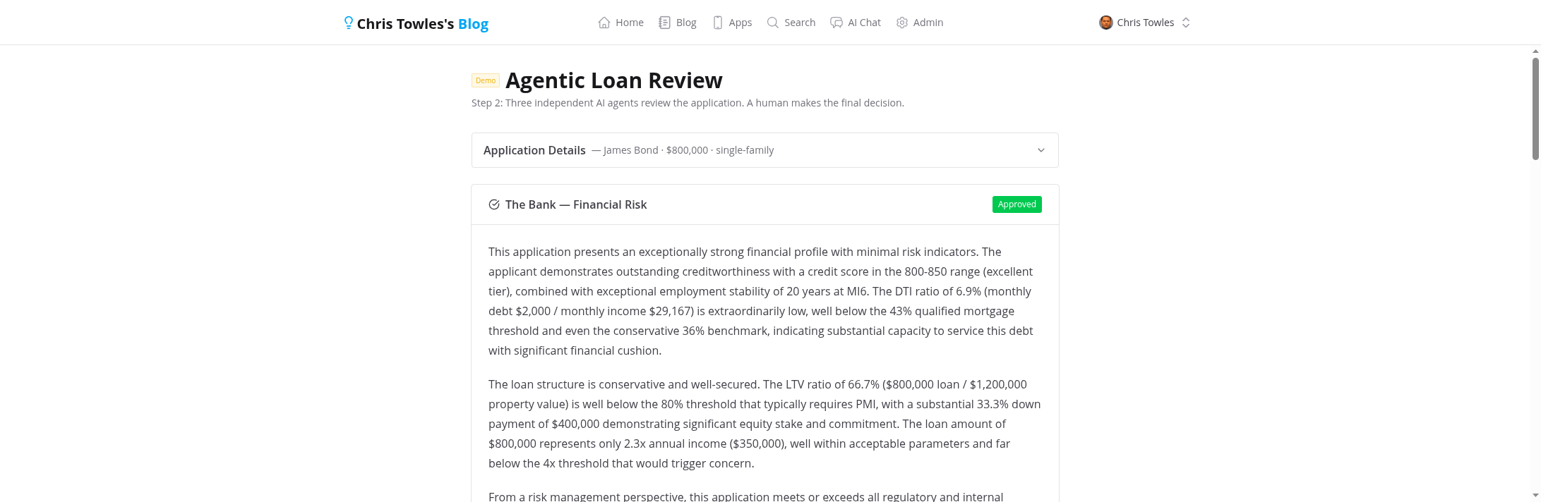 Review page showing The Bank's financial risk analysis with Approved badge